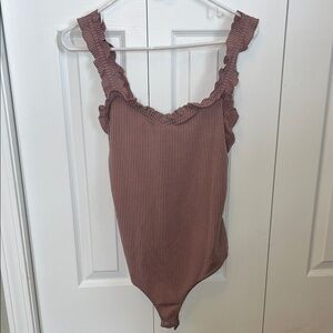 Pink Lily Ruffled Ribbed Bodysuit in Mauve